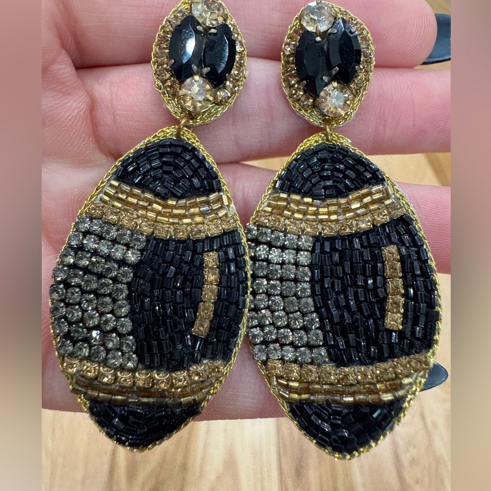 Taylor Shaye Elegant Black and Gold Football Beaded Earrings - worn 1x